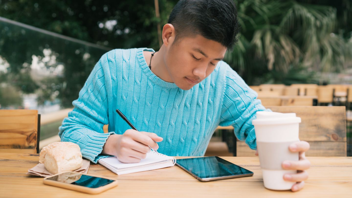 Backpacker studying in the quiet outdoors