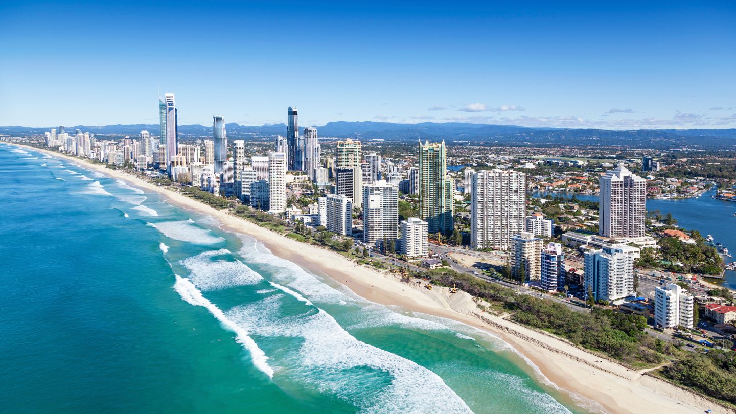 Drone view looking back to Main Beach and Surfers Paradise from the ocean