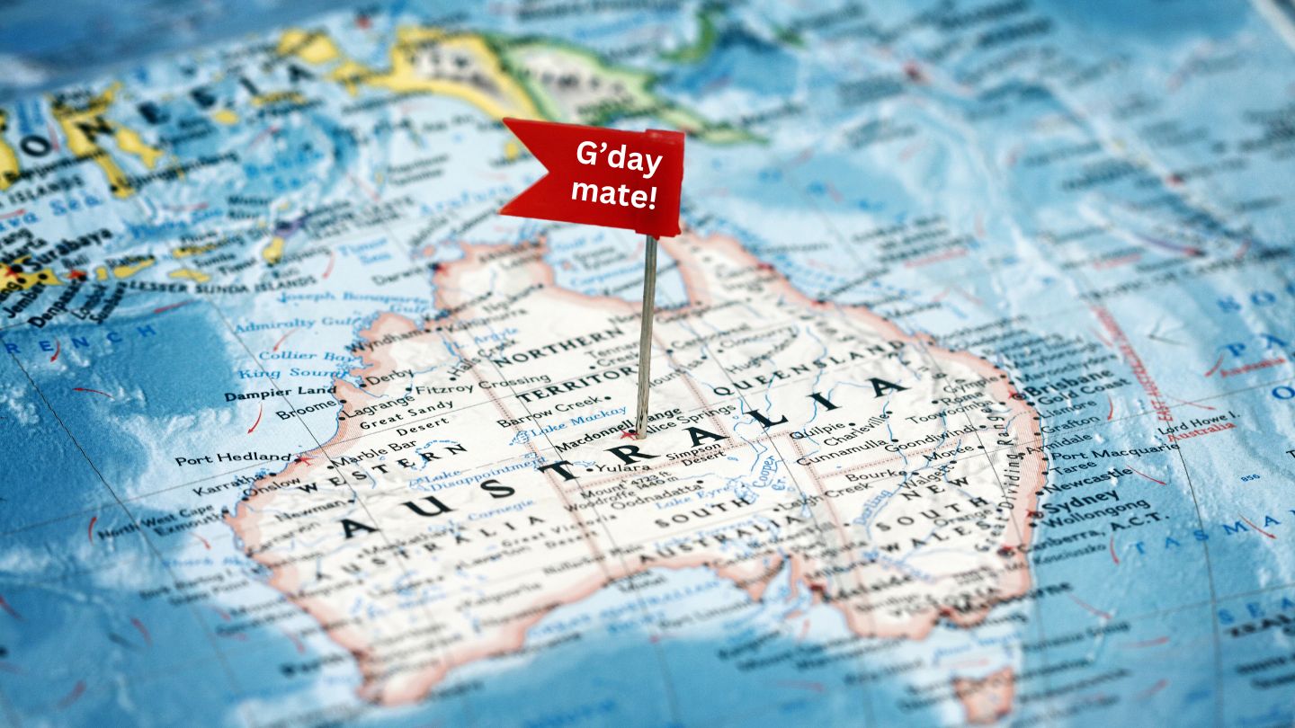 Map of Australia with G'day Mate flag